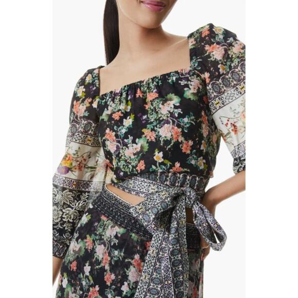 Alice + Olivia Women's Clarabelle Print Tie Hem Cotton Silk Blouse Black Floral - Picture 1 of 10